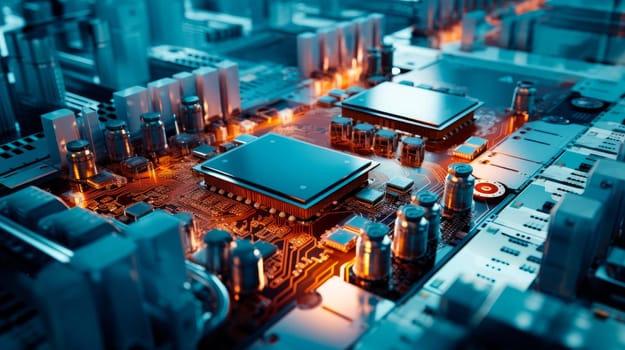 Close-up  of microchip, CPU processor on printed circuit board. Computer motherboard with components inside of electronic device. AI generated