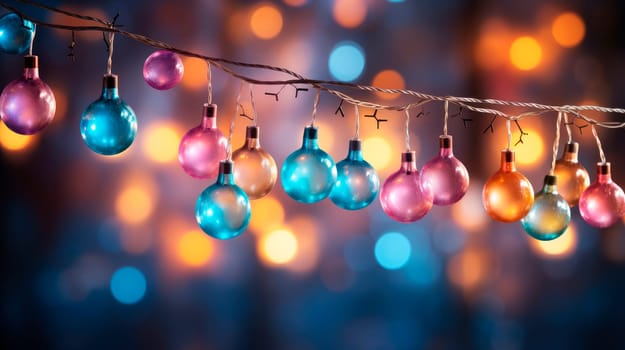 Multicolored retro garland on blurred festive background. Christmas decoration theme. AI generated