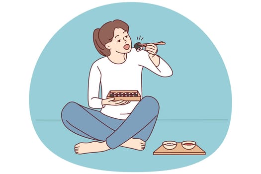 Happy young woman sit on floor eating sushi with chopsticks. Millennial female enjoy traditional Japanese food at home. Cuisine concept. Vector illustration.
