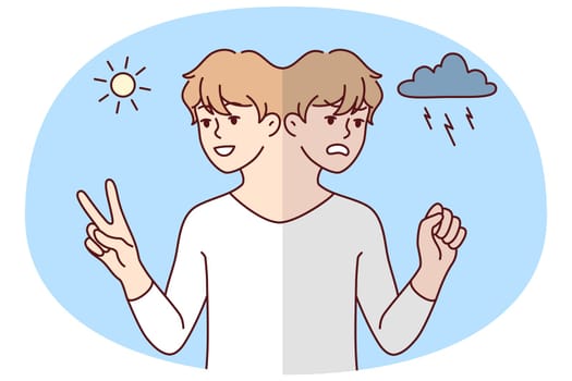 Young man in different mood suffer from mental or psychological problem. Mad and happy male mood swings. Bipolar disorder. Vector illustration.