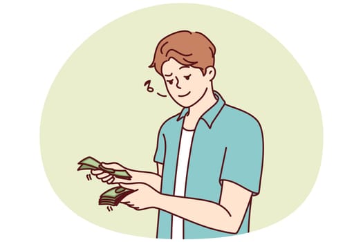 Happy young man counting money in hands. Smiling guy with dollar banknotes excited with promotion or income. Vector illustration.