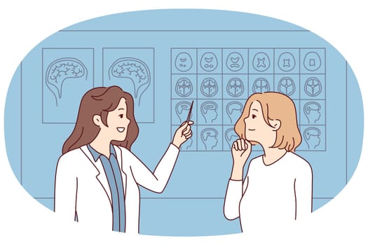 Woman doctor show images of brain to pensive female patient in hospital. Neurologist consult client in clinic. MRI examination and neurology. Vector illustration.