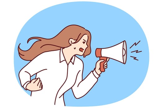 Furious young woman hold megaphone scream loud. Angry girl shout in loudspeaker make announcement lose control. Vector illustration.