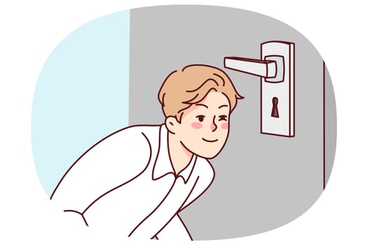 Suspicious young man look in door lock. Smiling guy peep in door hole spy after neighbors at home. Vector illustration.
