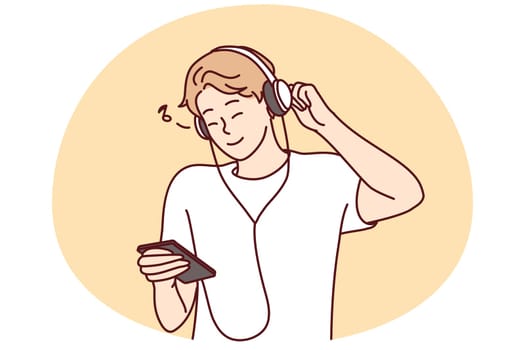 Smiling young man in headphones listen to music on cellphone. Happy millennial guy in earphones enjoy good quality sound on smartphone. Vector illustration.