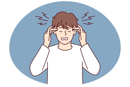 Suspicious young man look in door lock. Smiling guy peep in door hole spy after neighbors at home. Vector illustration.