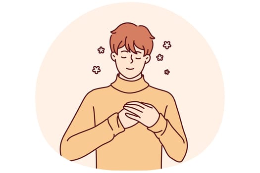 Happy young man with hands on chest feel positive and optimistic. Smiling guy enjoy good mental health and recovery. Vector illustration.
