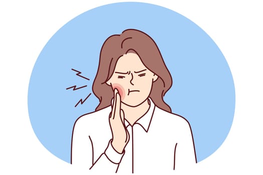 Unhappy woman touch cheek suffer from toothache have decay or caries. Unwell girl struggle with painful feeling having dental ache. Oral care concept. Vector illustration.
