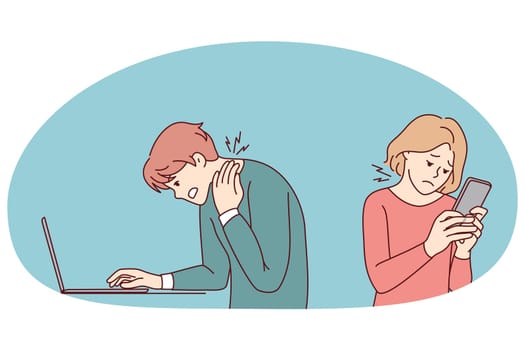 People working on gadgets suffer from neck problems. Users addicted with devices struggle with backache or spinal spasm. Sedentary position problem. Vector illustration.