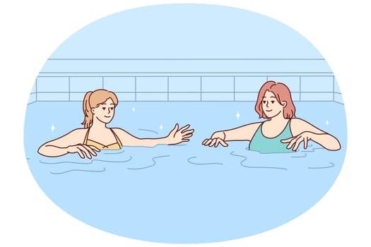 Women in swimsuits have fun in swimming pool together. Female friends in bikini swim in water in indoor pool. Hobby and recreation. Vector illustration.