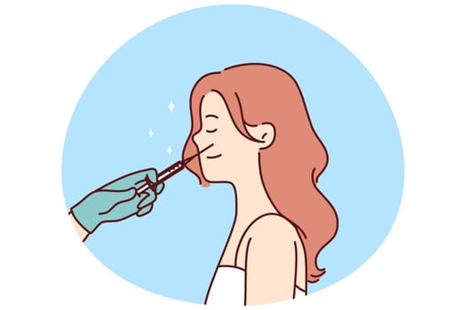 Beautician doctor with syringe make injection to woman face in salon. Female patient have botox procedure in saloon. Medicine and beauty concept. Vector illustration.