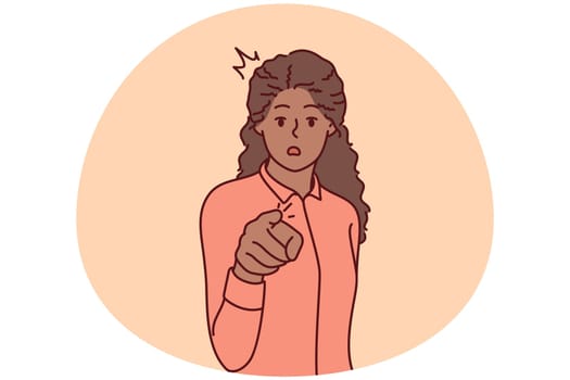 Stunned African American woman point at screen choose you. Amazed black female show at camera with finger making choice. Vector illustration.