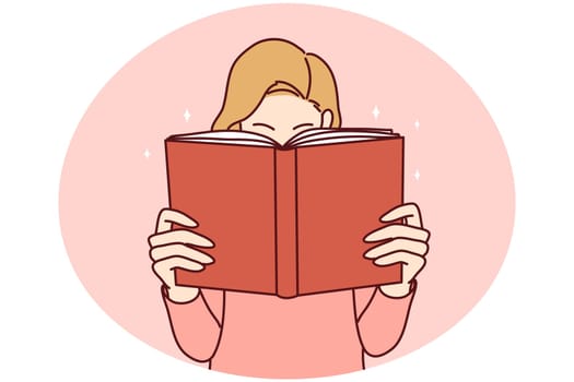 Young woman with book enjoy reading. Engaged girl with textbook lost in literature. Bookworm and hobby. Vector illustration.