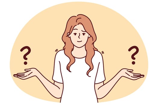 Confused woman feel frustrated making choice or decision. Distressed female have dilemma deciding or choosing. Vector illustration.