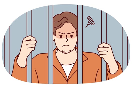 Unhappy man in robe behind bars in jail. Angry male criminal imprisoned for crime or misdemeanor. Imprisonment and sentence. Vector illustration.