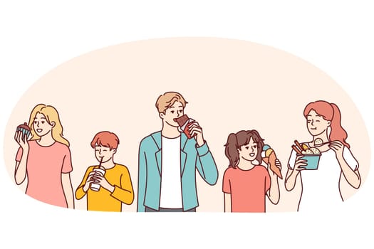 Diverse people eating different food. Happy adults and children enjoy tasty products. Nutrition and diet. Vector illustration.