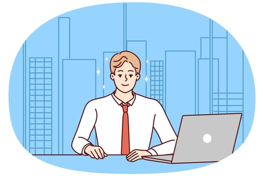 Successful young businessman sit at desk in modern office working on computer. Smiling male employee work on laptop in company workplace. Vector illustration.