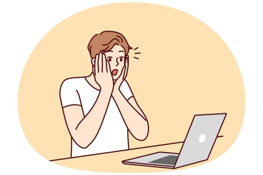 Stunned man look at laptop shocked by news online. Amazed guy surprised by unbelievable message on computer screen. Vector illustration.