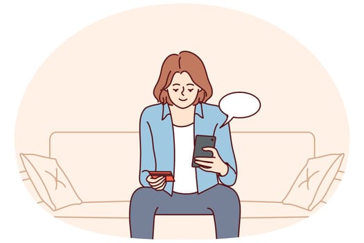 Young woman sit on sofa at home buying online on cellphone pay with credit card. Smiling girl shopping pay on smartphone with application. Vector illustration.