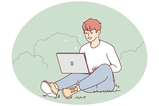 Smiling young man sit on grass in park working on laptop. Happy guy relax outdoors with computer. Freelancer and remote work. Vector illustration.