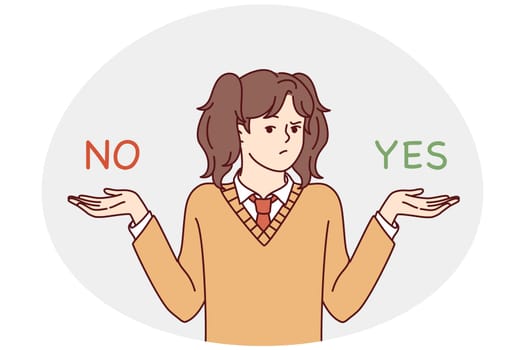 Confused millennial girl make choice between yes and no. Frustrated child feeling dilemma choosing deciding. Vector illustration.