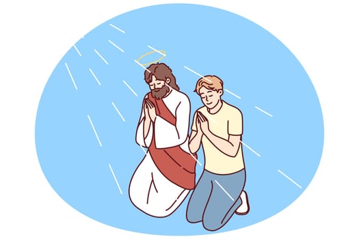 Religious young man kneel near Jesus Christ praying with hands together. Male believer pray for good life. Religion and faith. Vector illustration.