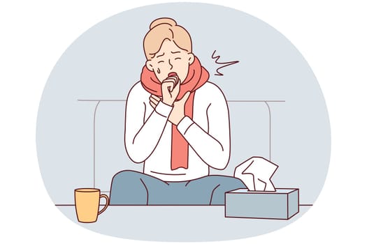 Unhealthy young man sit on sofa at home struggle with covid-19 symptoms. Unwell sick guy feeling bad coughing and sneezing having flu. Vector illustration.