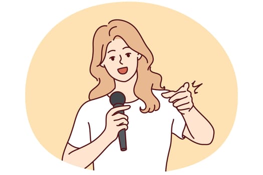Woman with microphone make speech point at screen. Smiling female speaker with mic communicate with audience. Vector illustration.