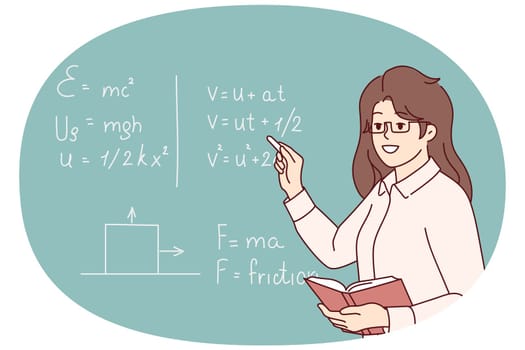 Smiling female teacher standing near black board talking at lesson in school. Happy woman tutor lead math class for pupils. Education. Vector illustration.