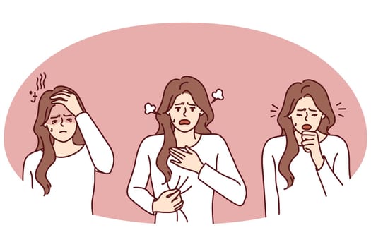 Unhealthy woman suffer from covid-19 symptoms. Unwell girl struggle from coronavirus have cough and shortness of breath. Vector illustration.