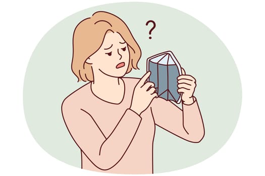 Distressed young woman with empty wallet suffer from bankruptcy. Unhappy poor girl struggle with poverty and money lack. Vector illustration.