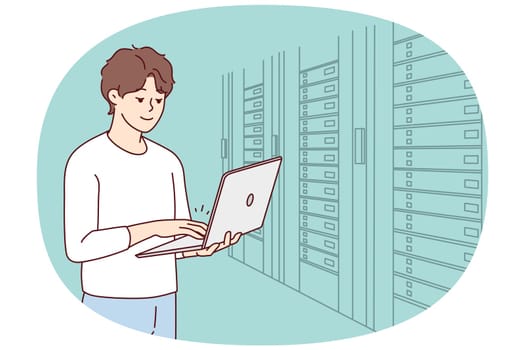Male engineer with laptop standing near server room with computers. Man IT specialist working in data center near server racks. Vector illustration.