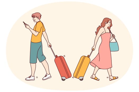 People with suitcases ready to travel in airport. Smiling tourist with baggage before vacation. Tourism and holidays. Vector illustration.