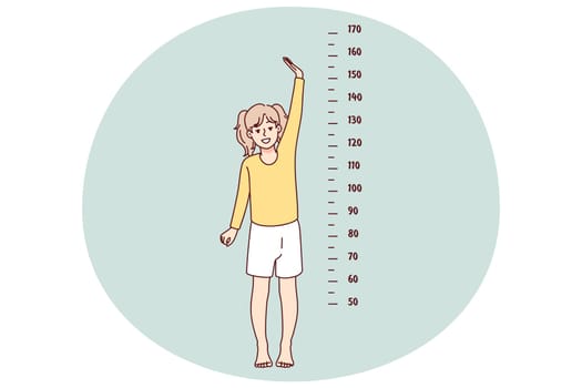 Small girl child show height standing near measuring tape on wall. Little kid growing showing how tall she is. Childhood aging concept. Vector illustration.