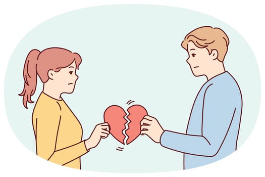 Unhappy couple holding broken heart suffer after breakup or split. Upset man and woman break up relationships. Love end and family divorce. Vector illustration.