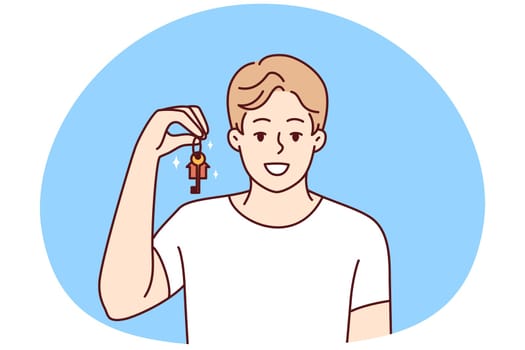 Smiling young man holding key to new house or apartment. Happy guy excited with own housing. Rent and real estate concept. Vector illustration.