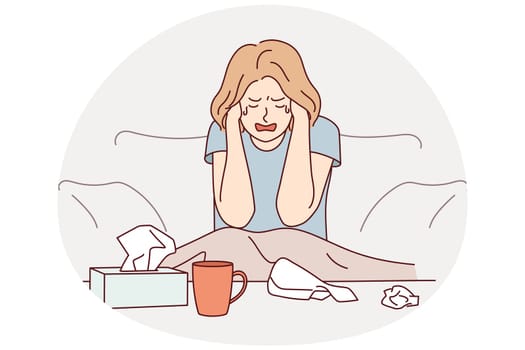 Unhappy young woman sit on couch at home crying suffering from depression or life problems. Sad girl feel down distressed alone. Breakup and mental trouble. Vector illustration.