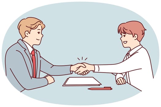 Smiling businessmen sit at desk shaking hands closing deal. Happy male partners handshake make agreement at office meeting. Vector illustration.