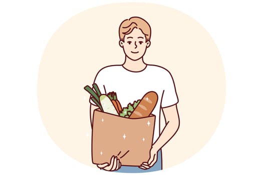 Portrait of smiling young man with bag with groceries. Happy guy holding package with goods and products. Shopping and nutrition. Vector illustration.