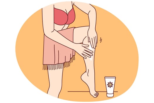 Woman in bikini apply sunscreen on legs on beach. Female in swimsuit using oil or balm sun protection on seashore on summertime vacation. Vector illustration.