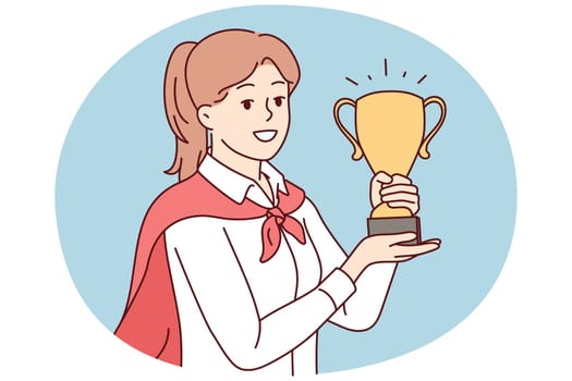 Portrait of smiling young female employee holding golden prize in hands celebrate business promotion or triumph. Happy businesswoman with award. Vector illustration.