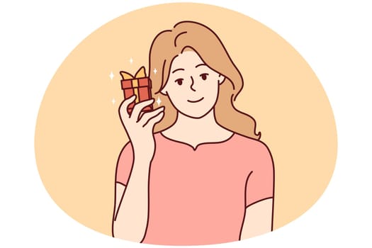 Smiling young woman with present in hands excited with birthday celebration. Happy girl with gift box having anniversary. Vector illustration.