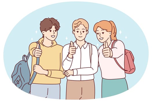 Portrait of happy students with backpack posing together showing thumbs up for good education. Smiling youth recommend college or university. Vector illustration.