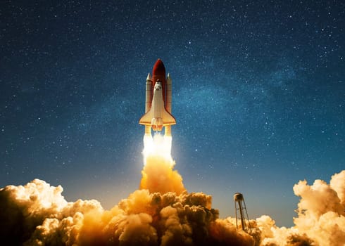 New Ship Rocket flies to another planet. Spaceship lift off into the starry sky space. Rocket starts mission into space. Concept. Travel to cosmos. Explorer