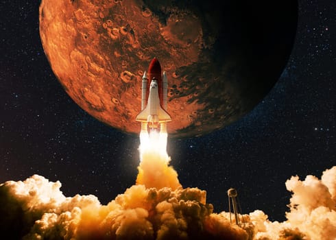 New Space Shuttle Rocket with blast and smoke takes off to the red planet mars, concept. Spacecraft lift off to explore other planets. Rocket launch. Travel to Space