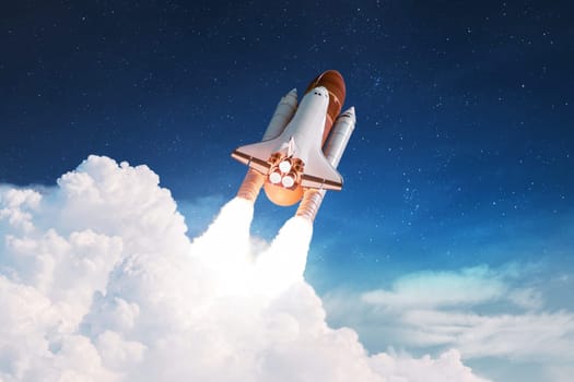 New Rocket flies to another planet. Spaceship takes off into the starry sky. Rocket starts into space. Concept. Spaceship shuttle lift off through the clouds.