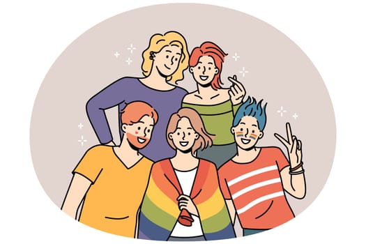 Smiling people with LGBT flag posing together showing unity and support. Happy homosexual men and women pose on pride parade. Vector illustration.