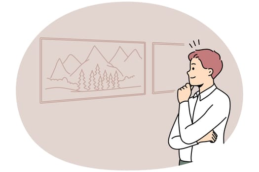 Happy young man look at paintings in museum. Smiling guy stare at drawing enjoy art on wall. Hobby and entertainment. Vector illustration.