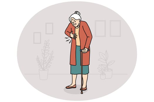 Unhealthy elderly woman touch heart suffer from pain. Unwell mature grandmother struggle with cardiac arrest or infarction. Healthcare concept. Vector illustration.
