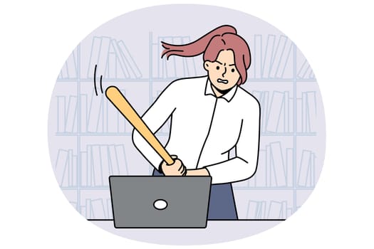 Furious female employee with bat breaking laptop overwhelmed with office job. Angry businesswoman crash computer at workplace. Burnout concept. Vector illustration.